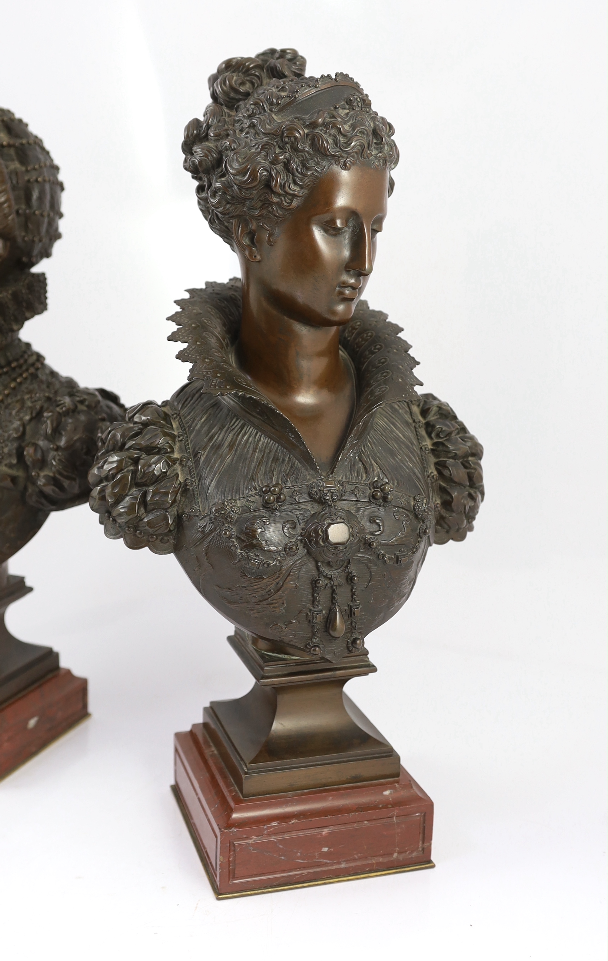 Mathurin Moreau (French, 1822-1912). A pair of bronze busts of Queen Elizabeth I and Marie de Medici, 50cm and 48cm high